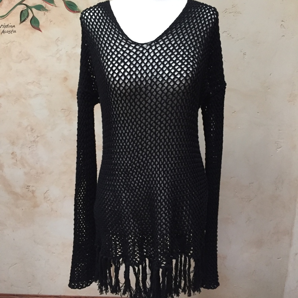 Michael Stars long sleeve hooded poncho w fringe